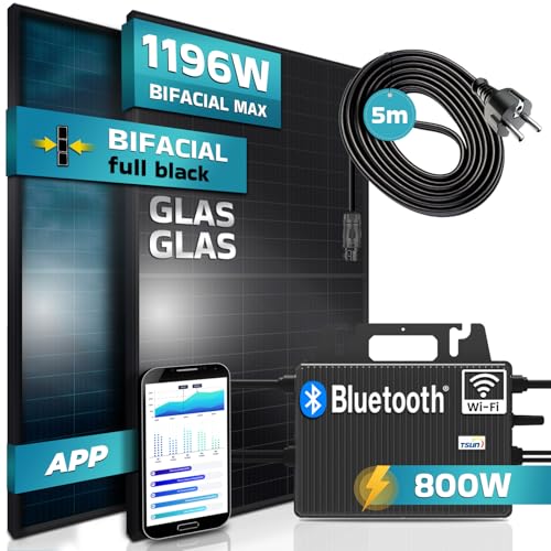 SUNNIVA 1196W Balkonkraftwerk 800W komplett Steckdose - TSUN 800W Wechselrichter - PV Solaranlage Komplettset - 2x 460W BIFAZIAL FULL BLACK Glas/Glas Solarmodule - inkl. 5m Kabel - Bluetooth WIFI von SUNNIVA