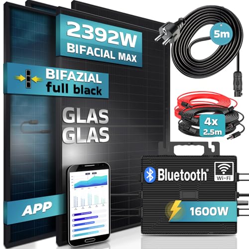 SUNNIVA 2392W Balkonkraftwerk 1600W komplett Steckdose - Astro Energy 1600W Wechselrichter -PV Solaranlage Komplettset-4x 460W BIFAZIAL FULL BLACK Glas/Glas Solarmodule-inkl.5m Kabel - Bluetooth WIFI von SUNNIVA