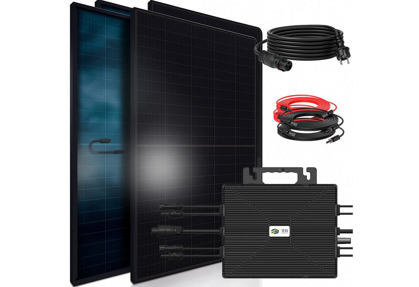 SUNNIVA Balkonkraftwerk 1840W BIFAZIAL FULLBLACK komplett Steckdose, (ASTRO-E 2000W Wechselrichter, PV Solaranlage, 4x 460W Glas-Glas Solarmodule, inkl. 5m Kabel, Bluetooth WIFI, Komplettset) von SUNNIVA