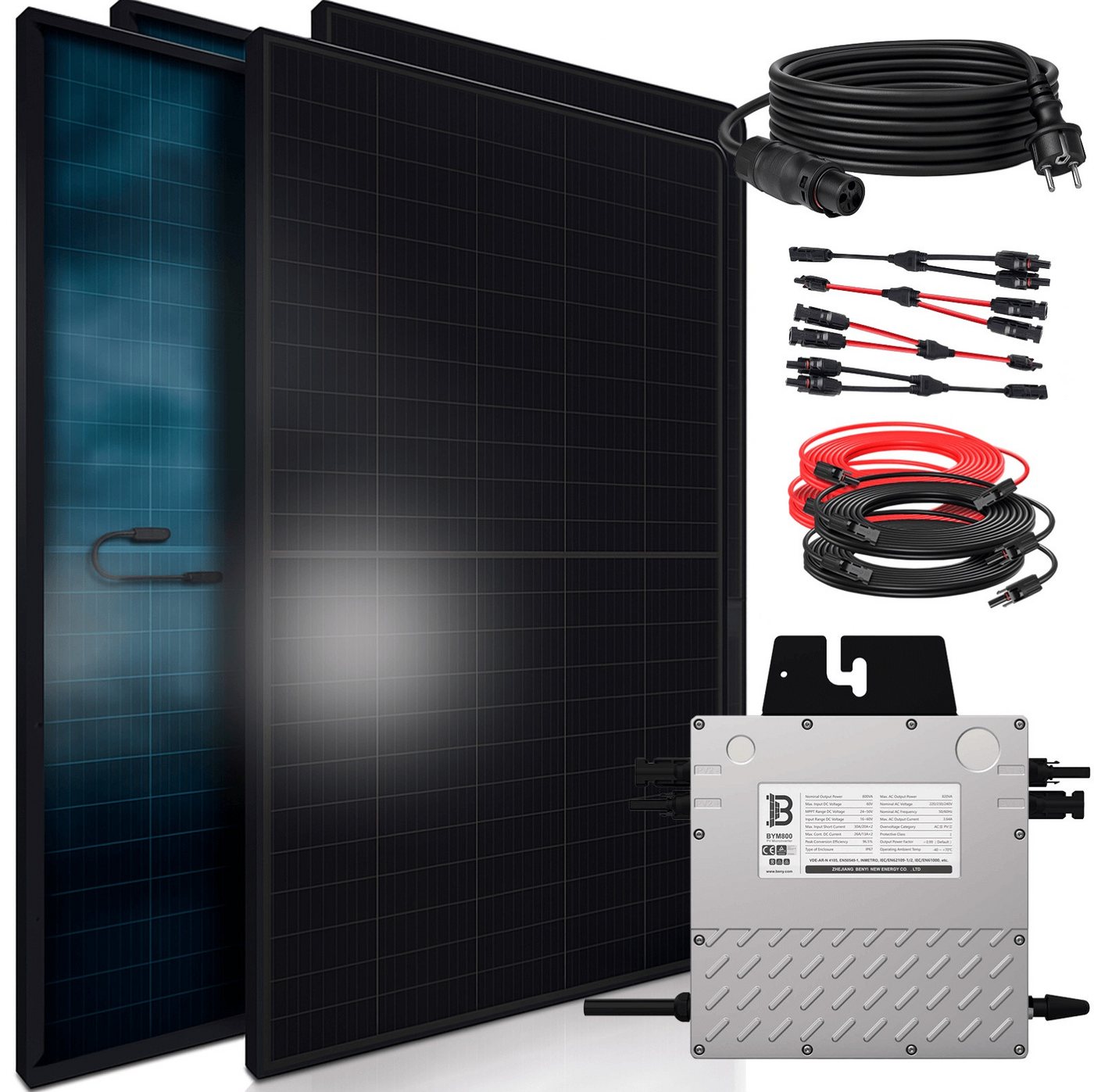SUNNIVA Balkonkraftwerk 1840W BIFAZIAL FULLBLACK komplett Steckdose, (BENY 800W Wechselrichter, PV Solaranlage, 4x 460W Glas-Glas Solarmodule, inkl. 5m Kabel, Komplettset) von SUNNIVA
