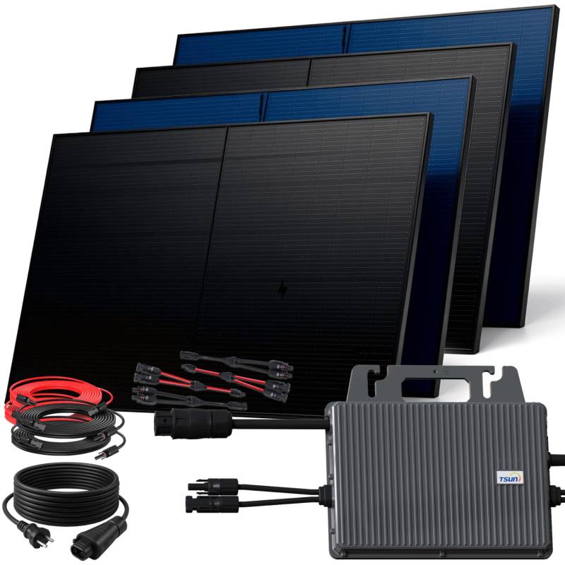 SUNNIVA Balkonkraftwerk 2000 W mit TSUN 800 W Wechselrichter inkl.5m Kabel 4x 500 W Solarmodule Bifazial Fullblack Glas-Glas von SUNNIVA