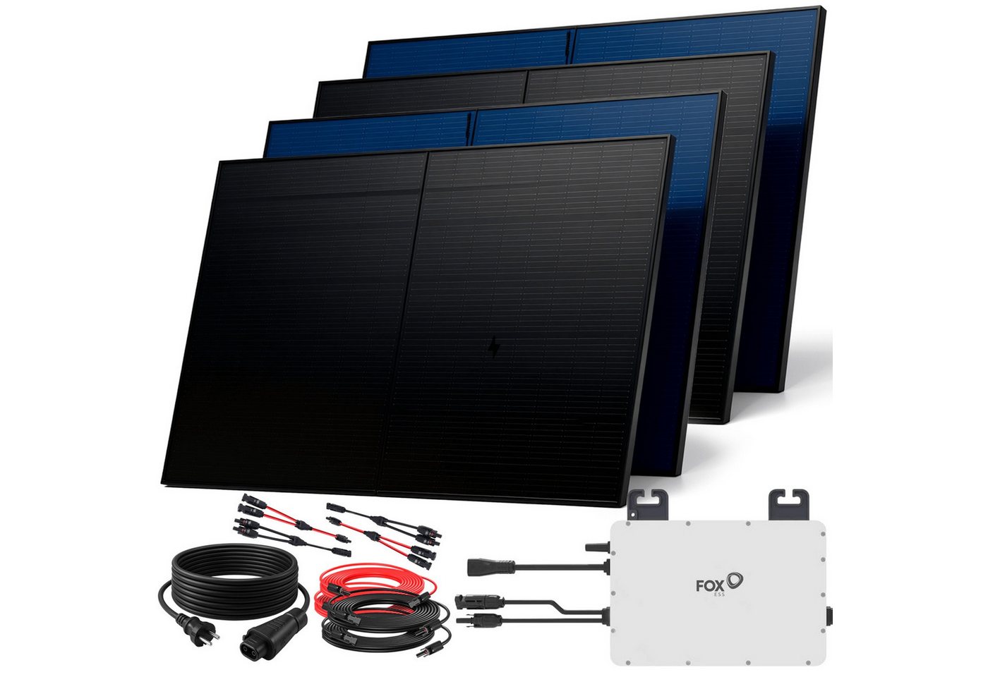 SUNNIVA Balkonkraftwerk 2000W BIFAZIAL FULLBLACK komplett Steckdose, (FOX ESS 800W Wechselrichter, PV Solaranlage, 4x 500W Glas-Glas Solarmodule, inkl. 5m Kabel, Bluetooth WIFI, Komplettset) von SUNNIVA