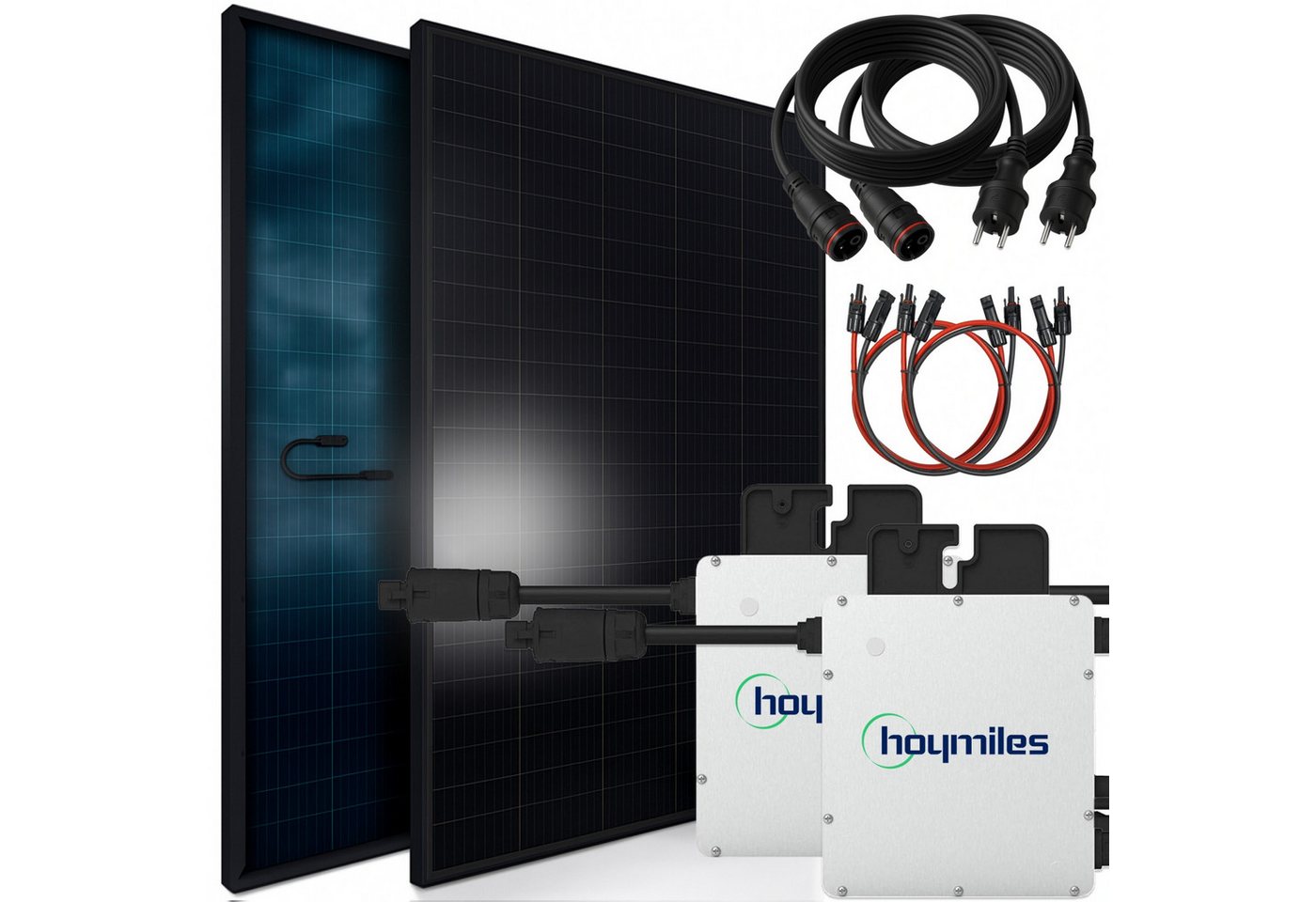 SUNNIVA Balkonkraftwerk 920W BIFAZIAL FULLBLACK komplett Steckdose, (HOYMILES 2x 400 Watt Wechselrichter, PV Solaranlage Komplettset, 2x 460W N-Type Glas-Glas Bifacial Solarmodule, 2x 5m Kabel) von SUNNIVA