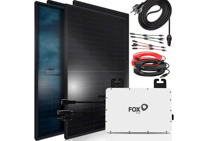 SUNNIVA Balkonkraftwerk 2392W/800W komplett Steckdose, (FOX ESS 800W Wechselrichter, PV Solaranlage Komplettset, 4x 460W BIFAZIAL, FULL BLACK, Glas-Glas Solarmodule, inkl.5m Kabel, Bluetooth) von SUNNIVA