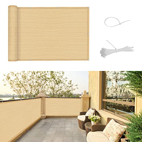 SUNNY GUARD Balkon Sichtschutz 90x400cm Balkonabdeckung HDPE UV-Schutz Windschutz Balkonverkleidung, mit Kabelbinder,Sandbeige von SUNNY GUARD