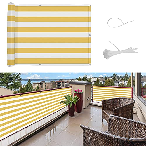 SUNNY GUARD Balkon Sichtschutz 90x500cm Balkonabdeckung HDPE UV-Schutz Windschutz Balkonverkleidung, mit Kabelbinder,Gelb und Weiß von SUNNY GUARD