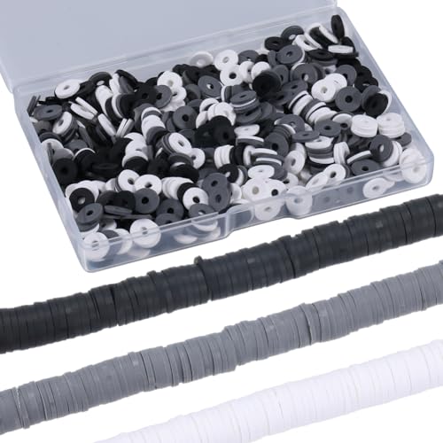 SUNNYCLUE 1 BOX 1000 STÜCK + 8 mm Flache Heishi Polymerperlen Runde Tonperlen Große Kleine Mini Nachfüllung Weiß Schwarz Grau Scheiben Vinyl Abstandshalter Lose Perlen Für Die Schmuckherstellung DIY A von SUNNYCLUE