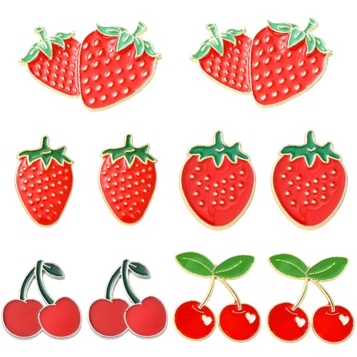 SUNNYCLUE 1 Box 10 Stück 5 Stile Erdbeer Emaille Anstecknadeln Rote Kirschbrosche Metalllegierung Sommerfrucht Erdbeeren Kirschen Reversbroschen Abzeichen Für Rucksack Kleidung Tasche Hut Zubehör von SUNNYCLUE