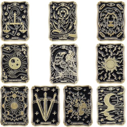 SUNNYCLUE 1 Box 10 Stück Süßes Emaille Anstecknadel Set Tarotkarten Anstecknadeln Schwarze Wahrsagerei Themen Anstecknadeln Legierung Mystisches Muster Magische Broschen Accessoire Für Frauen Und Männ von SUNNYCLUE