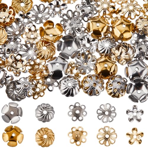 SUNNYCLUE 1 Box 100 Stück 10 Stile Blumen Abstandshalterperlen Große Mengen Blumenperlenkappen Erkenntnisse Hohle Mehrblättrige Blumenperlen Endkappen Aus Edelstahl Für Die Schmuckherstellung Zubehör von SUNNYCLUE