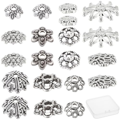 SUNNYCLUE 1 Box 100 Stück 10 Stile Silber Perlenkappen Hohle Blume Abstandshalter Perlenkappe Tibetisch Bali Stil Perlen Endkappen Für Die Schmuckherstellung Halsketten Armbänder DIY Bastelbedarf von SUNNYCLUE