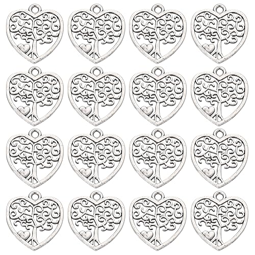 SUNNYCLUE 1 Box 100 Stück Herz Baum des Lebens Charms Kleine Silberne Baum Charms Große Tibetische Legierungsanhänger Im Tibetischen Stil Metallpflanze Glücksbringer Für Die Schmuckherstellung Charms von SUNNYCLUE