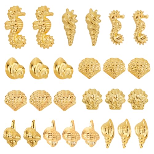 SUNNYCLUE 1 Box 1000 Stück 10 Stile Kunstharz Füller Charms Goldene Nagel Charms Muscheln Metalllegierung Goldene Sommer Meer Und Ozean Cabochons Füller Für Kunstnägel Dekoration DIY Handwerk Schmuc von SUNNYCLUE