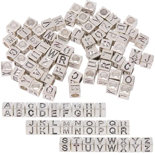 SUNNYCLUE 1 Box 104 Stück 26 Stile Silberne Buchstabenperlen Quadratisches Alphabet Perlen Set Metalllegierung ker Würfel A Bis B Charm Großes Loch Lose Abstandsperlen Für Die Schmuckherstellung Halsk von SUNNYCLUE