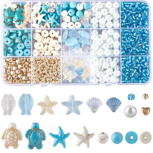 SUNNYCLUE 1 Box 1080 Teiliges Perlen Set Ocean Perlen Muschel Set Ozeanperlen Set Meeresschildkröte Startish Bead Hawaii Sommer Ozean Beads Glas Jakobsmuschel Fischperlen Blau Weiße Steinperlen Zur von SUNNYCLUE