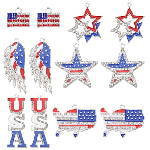 SUNNYCLUE 1 Box 12 Stück USA Charms Patriotischer Charm Strass Amerikanische Flagge Charms Emaille Adlerflügel Unabhängigkeitstag 4. Juli Charm Silberfarbener US Stern Charm Für Die Schmuckherstellung von SUNNYCLUE
