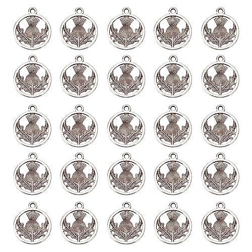 SUNNYCLUE 1 Box 120 Stück Distel Charms Bulk Schottland Distel Charm Tibetischer Stil Legierung Schottischer Distel Charm Flach Rund Mit Blumen Charm Für Schmuckherstellung Charms DIY Ohrringe Armbänd von SUNNYCLUE