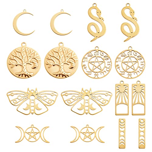 SUNNYCLUE 1 Box 16 Stück 18 Karat Vergoldeter Edelstahl Tarot Stil Baum Des Lebens Charms Mondphase Schlange Charms Triple Goddess Moon Ouija Crescent Hollow Butterfly Charms Für Die Schmuckherstellun von SUNNYCLUE