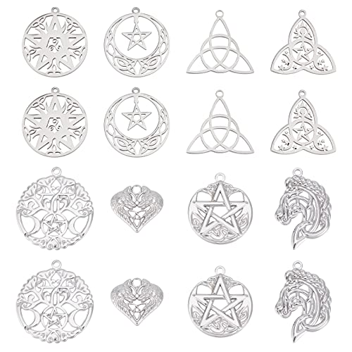SUNNYCLUE 1 Box 16 Stück Knoten Charms Trinity Edelstahl Knoten Charm Irische Keltische Knoten Herz Charms Baum Des Lebens Engelsflügel Charm Pferdekopf Flache Runde Stern Charms Für Die Schmuckherste von SUNNYCLUE