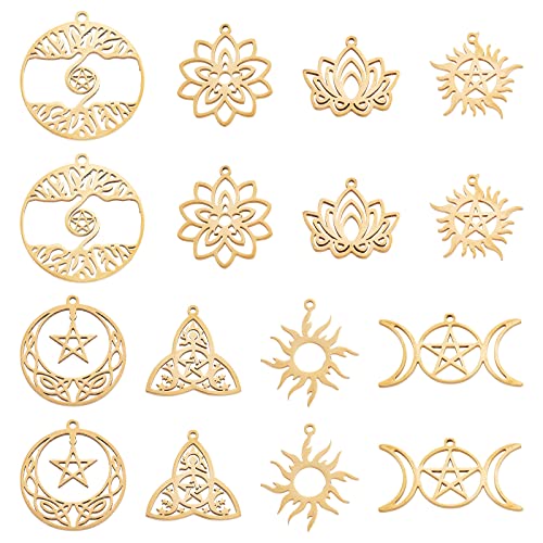 SUNNYCLUE 1 Box 16 Stück Tarot Stil Sonnen Charms Keltische Trinity Knoten Charm 18 Karat Vergoldeter Edelstahl Lotus Charm Dreifach Göttin Mond Ouija Doppelseitige Hohle Blumen Charms Für Die Schmuck von SUNNYCLUE