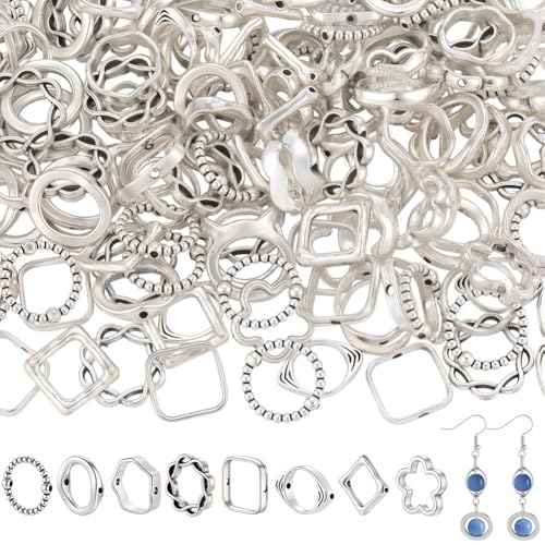 SUNNYCLUE 1 Box 160 Stück 8 Stile Silber Rahmen Perlen Legierung Perlenrahmen Bulk Metall Verschiedene Formen Runde Ring Blume Quadratische Raute Verbindungsstücke Abstandshalter für von SUNNYCLUE