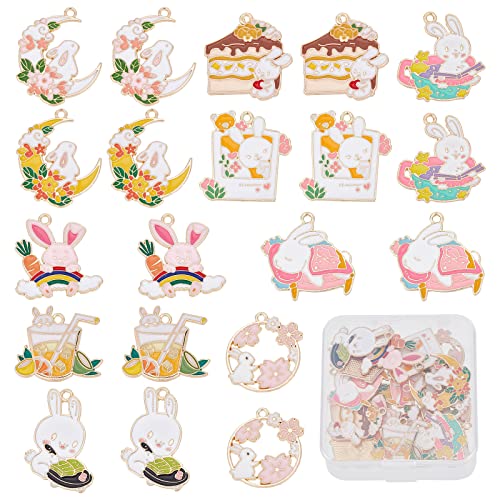 SUNNYCLUE 1 Box 20 Stück Hasen Charms Emaille Kaninchen Charms Mond Japanischer Stil Sakuras Blumen Charm Kuchen Ostern Urlaub Kaninchen Metall Tier Charms Für Die Schmuckherstellung Charm Ohrringe Ha von SUNNYCLUE