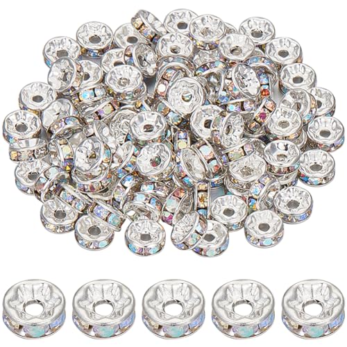 SUNNYCLUE 1 Box 200PCS 8mm Rondelle Spacer Perlen Strass Runde Kristall Charms Silber ab Farbe Tschechische Silber Metall Runde Glänzend Plattierte Lose Perlen Für Die Schmuckherstellung Kettenperlen von SUNNYCLUE
