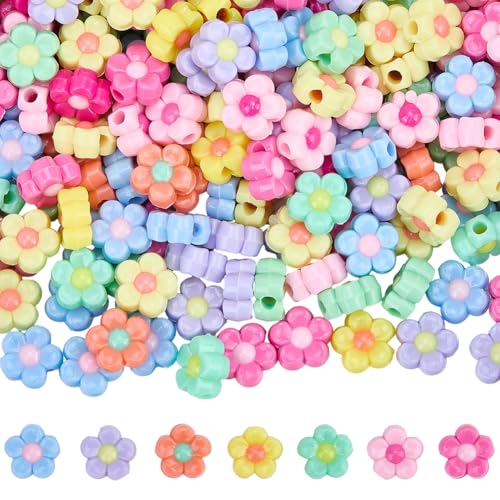 SUNNYCLUE 1 Box 250 Stück 5 Blütenblätter Blumen Perlen Acryl Blumen Perlen Bulk Bunte Regenbogen Kunststoff Niedlich Blumen Flach mit Loch Lose Abstandshalter für Schmuckherstellung DIY Handwerk von SUNNYCLUE