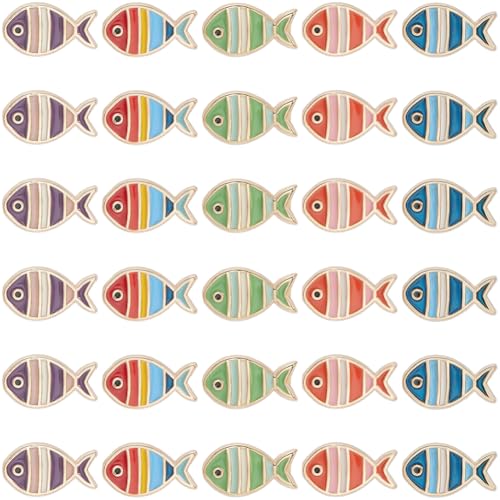 SUNNYCLUE 1 Box 30 Stück 5 Farben Emaille Fischperlen Ozean Tierperlen Großpackung Legierung Meer Marine Sommer Hellgold Bunt Niedlich Klein Lose Abstandshalter Für Schmuckherstellung Zubehör DIY Bast von SUNNYCLUE