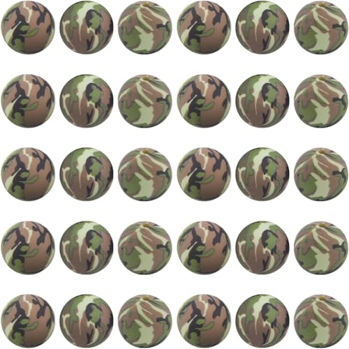 SUNNYCLUE 1 Box 30 Stück Camouflage Perlen Mit Aufdruck 15mm Grün Bedruckt Runde Silikonperlen Großpackung Mit Blumenmuster Weichem Gummi Lose Abstandsperlen Für Schlüsselband Zur Schmuckherstellung von SUNNYCLUE