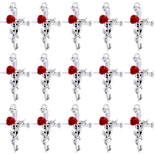SUNNYCLUE 1 Box 30 Stück Kreuzanhänger Im Barockstil Rote Rose Blumenperlen Kreuzanhänger Blattdisteln Dornenform Ausgefallene Antike Silberne Kruzifixanhänger Für Die Schmuckherstellung Charms DIY Ha von SUNNYCLUE