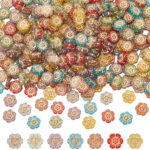 SUNNYCLUE 1 Box 300 Stück Tschechische Blumenperlen Acryl Böhmische Perlen Mix Vintage Bunt Verschiedene Metalle Umschlungen Vergoldet Kirschblüten Blumen Abstandshalterperle Für Die Schmuckherstellun von SUNNYCLUE