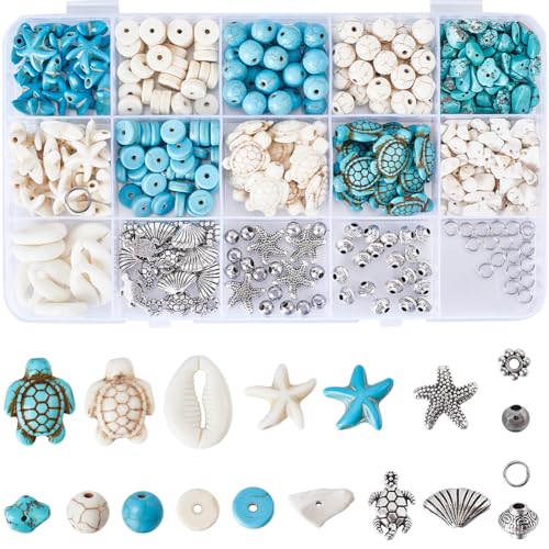 SUNNYCLUE 1 Box 318 Teiliges Ozean Perlen Set Seestern Perlen Große Mengen Meeresschildkröte Türkisfarbene Perlen Glücksstein Splitter Perlen Sommer Hawaii Muschelperlen Metall Abstandshalter Perlen F von SUNNYCLUE