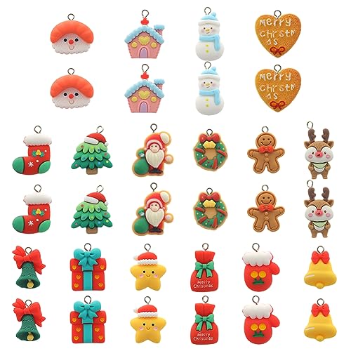 SUNNYCLUE 1 Box 32 Stück 16 Stile Weihnachts Charms Bulk Weihnachts Charm Harz Cartoon Lebkuchenmann Baum Schneemann Gemischte Bunte Hirsche Rosa Haus Charm Für Die Schmuckherstellung Charms Befunde von SUNNYCLUE