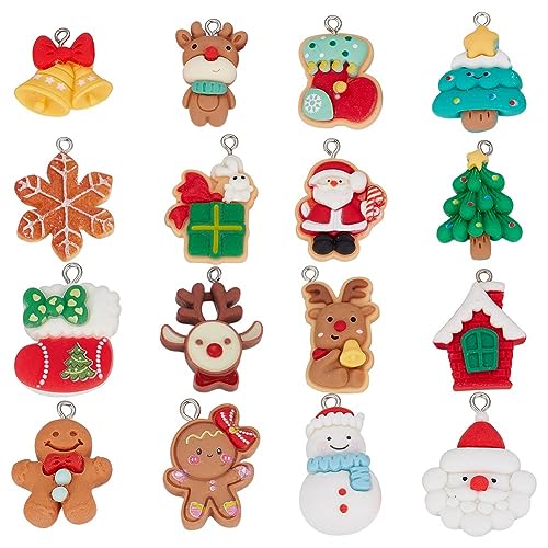 SUNNYCLUE 1 Box 32 Stück 16 Stile Weihnachts Charms, Harz, Schneemann, Baum, Schneeflocke, Rentier, Socken, Ferienhaus Charm für die Schmuckherstellung, Charms, Halsketten, Ohrringe von SUNNYCLUE
