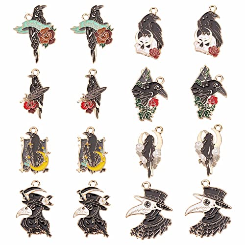 SUNNYCLUE 1 Box 32 Stück Gothic Charms Krähen Charm Raben Charms Schwarzer Vogel Mond Rose Schnabel Schädel Tier Halloween Emaille Legierung Gothic Charm Für Die Schmuckherstellung Charms Halsketten A von SUNNYCLUE