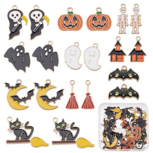 SUNNYCLUE 1 Box 40 Stück 10 Stil Emaille Halloween Charms Geister Charms Fledermaus Charms Für Die Schmuckherstellung Katze Besenstiel Skelett Charms Spukhaus Jack-O'-Laterne Ohrringe DIY Zubehör Hall von SUNNYCLUE