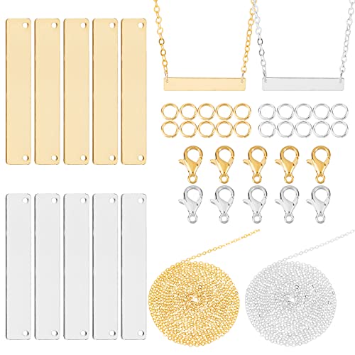 SUNNYCLUE 1 Box 40 Stück 2 n Stempelanhänger Bar Charms Rechteck Messing Blanko Stempel Tagging Metall Namensschild Charm Set Mit Biegeringen Karabinerhaken Ketten Für DIY Bastelbedarf von SUNNYCLUE