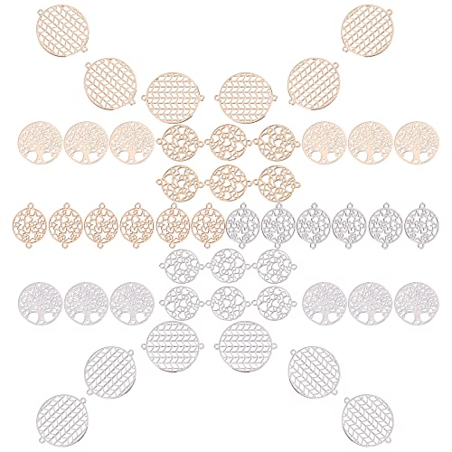 SUNNYCLUE 1 Box 48 Stück 4 Stile Runde Verbinder Charms Messing Flacher Filigraner Baum des Lebens Herz Stern Pfeil Hohle Metallverbinder Für Halsketten Ohrringe DIY Bastelzubehör Goldenes Silber von SUNNYCLUE