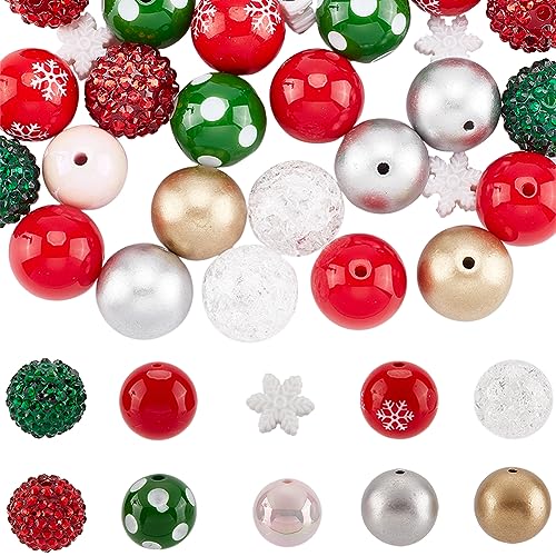 SUNNYCLUE 1 Box 50 Stück 10 Stile 20 mm Weihnachtsperlen Set Große Acrylperlen Schneeflocke Lose Perlen Mini Rund Weiß Rot Winter Weihnachten Urlaub Abstandshalter Perle Für Schmuckherstellung Charms von SUNNYCLUE