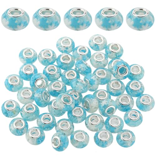 SUNNYCLUE 1 Box 50 Stück 14 mm große europäische Großlochperlen Großlochperlen blaue Muranoglasperlen Schneeflocken Harzlegierung Doppelkerne Abstandshalter Perlen für Schmuckherstellung Perlen DIY von SUNNYCLUE