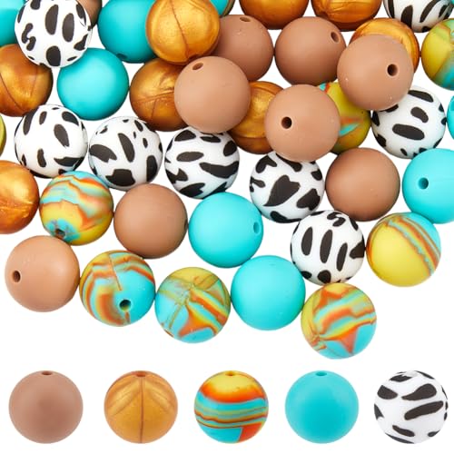SUNNYCLUE 1 Box 50 Stück 5 Stile Silikonperlen Set Gummiperlen Set 15mm Orange/Blau Weich Rund Mit Blumen Leopardenmuster Lose Abstandsstiftperle Für Die Schmuckherstellung Armbänder Schlüsselanhänge von SUNNYCLUE
