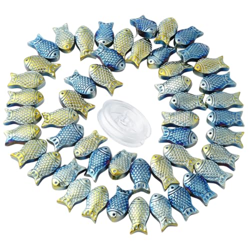 SUNNYCLUE 1 Box 50 Stück Fisch Perlen Blaues Glas Meer Ozean Tier Fische Geschnitzte Voll Überzogene Gefrostete Galvanisierte Charms Elastischer Faden Für Die Schmuckherstellung DIY Armbänder von SUNNYCLUE