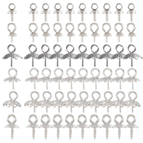 SUNNYCLUE 1 Box 60 Stück 6 Stil Eye Pin Bails Cup Pearl Peg Bails 304 Edelstahl Schraube Auge Pin Bail Peg Charm Verschlüsse Stecker Peg Pin Bails für Schmuckherstellung Erwachsene DIY halb gebohrte von SUNNYCLUE