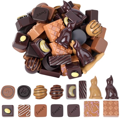 SUNNYCLUE 1 Box 60 Stück Künstliche Schokolade Mini Harz Schokolade Großpackung Miniatur Simulation 3D Braune Kunst Dessert Lebensmittelfigur Charms Für Zuhause Büro Schreibtisch Heimwerkerbedarf Gart von SUNNYCLUE