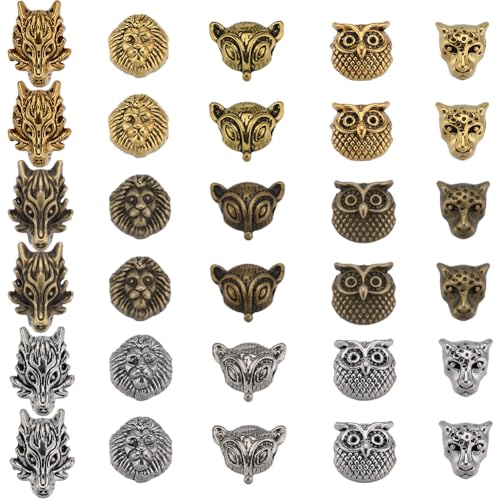 SUNNYCLUE 1 Box 60 Stück Wolfsperlen Eulenperlen Bulk Tibetischer Stil Antik Silber Bronze Goldene Tierperlen 3D Löwenkopf Fuchs Leopard Lose Distanzperlen Legierungsmetallperlen Für Schmuckherstellun von SUNNYCLUE