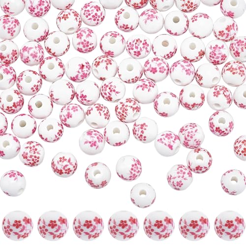SUNNYCLUE 1 Box 80 Stück Rosa Blumen Keramikperlen Porzellanperlen 10mm Rund Groß Weiß Bedruckt Blüten/Pflanzenform Abstandshalter Blumenperlen Zur Schmuckherstellung Perlenarmbänder Bastelzubehör D von SUNNYCLUE