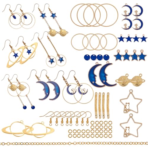 SUNNYCLUE 1 Box DIY 10 Paar Emaille Charm Schmuckherstellung Kit – Vergoldete Emaille Katze Mond Stern Erde Planet Lange Hänger Haken Ohrringherstellung Starter Kit Kunst Craft Supplies für Anfänger von SUNNYCLUE
