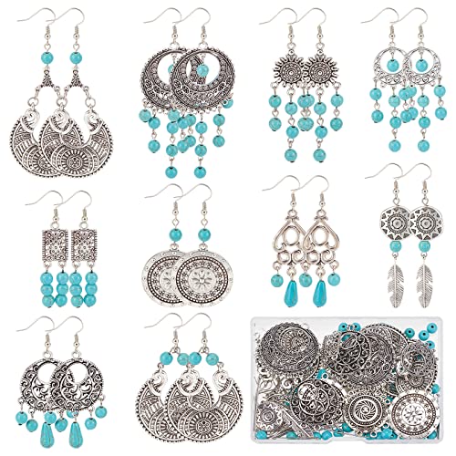 SUNNYCLUE 1 Box DIY 10 Paar Kronleuchter Charms Im Tibetischen Stil Ohrringe Herstellungsset Blumen Charm Flacher Runder Verbindungs Charm Synthetische Türkis Perlen Feder Charms Für Schmuckherstellun von SUNNYCLUE