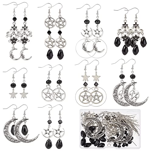 SUNNYCLUE 1 Box DIY 10 Paar Mond Charms Stern Charms Gothic Style Ohrringe Herstellung Starter Kit Kronleuchter Charm Facettierte Schwarze Perlen Halbmond Charms Für Schmuckherstellung Kits Erwachsene von SUNNYCLUE